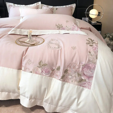 Pink Rose Flowers Luxury Egyptian Cotton 600TC Embroidered Bedding Set